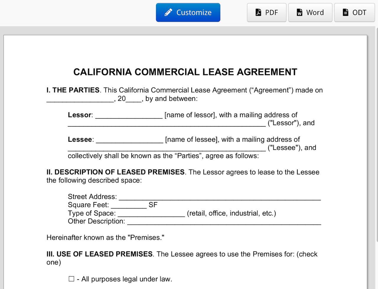 California Commercial Lease Agreement Template Thumbnail